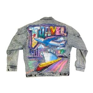 Vintage Sports Deco Travel Denim Jacket Hand Painted Bedazzle